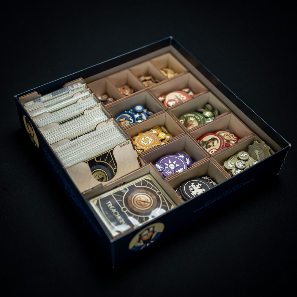 Open Laserox insert displaying Dune game cards and tokens