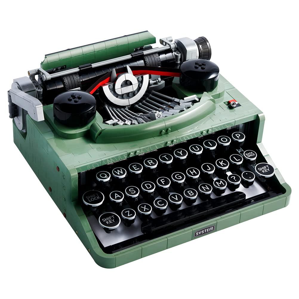 Detailed brick model of a vintage typewriter in dark green, showing the keys and carriage