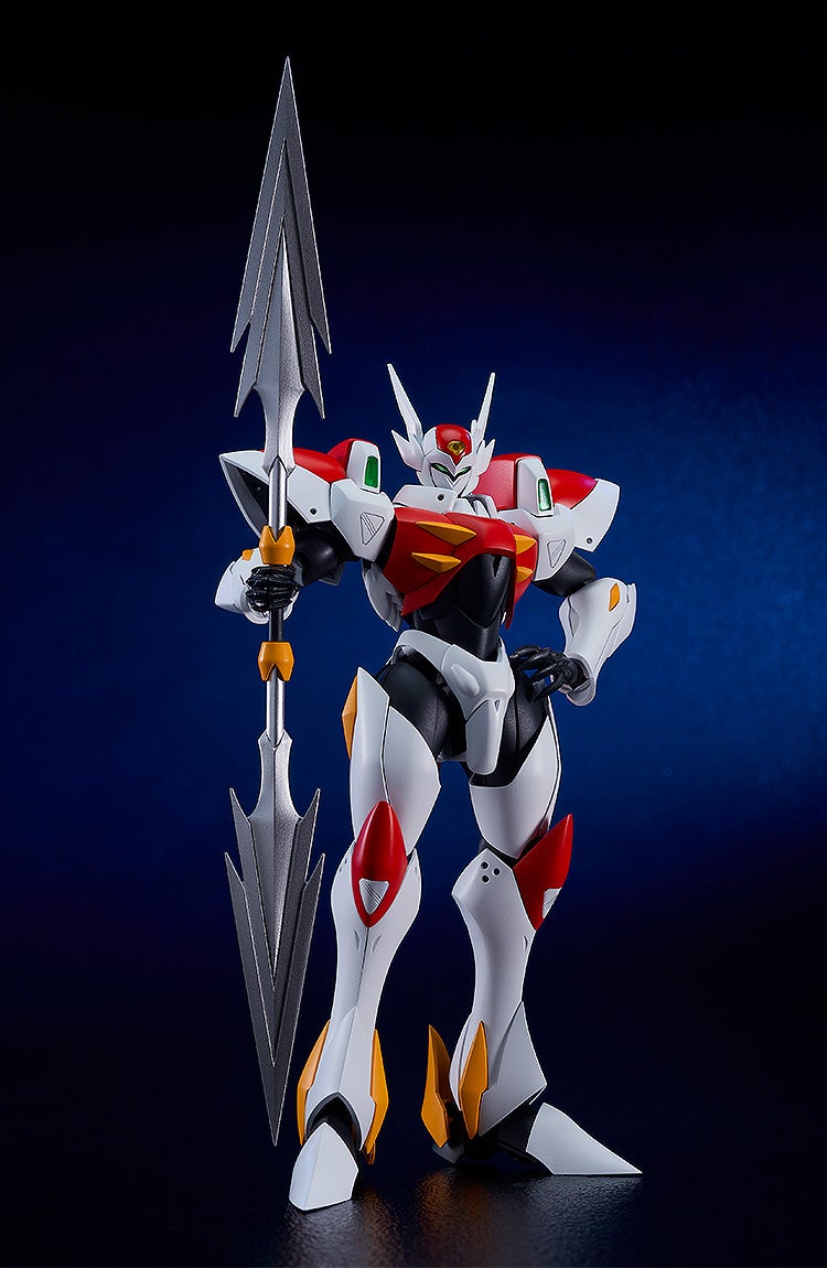 White, red, and black robot figure with gold accents stands holding a large silver spear