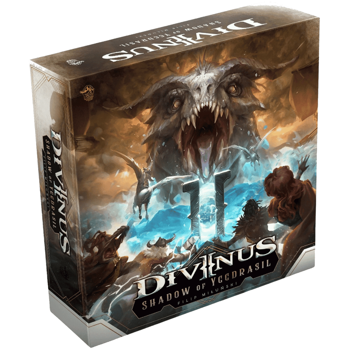 Box cover of Divinus: Shadow of Yggdrasil expansion showing epic fantasy artwork with Norse mythological elements and vivid colors