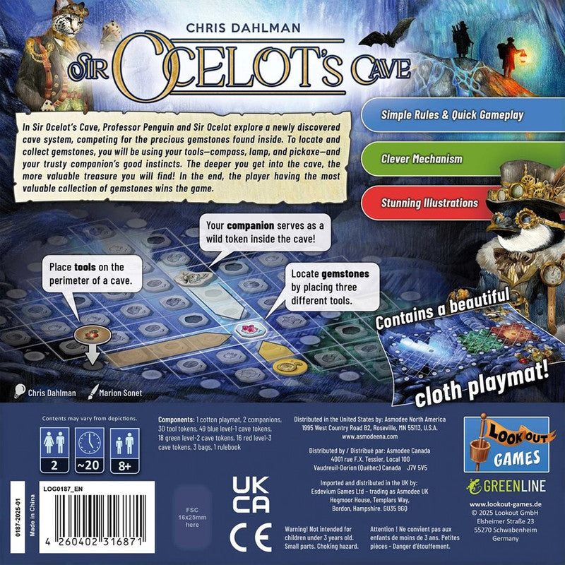 Sir Ocelot&#39;s Cave board game box featuring illustrated characters game components and text descriptions