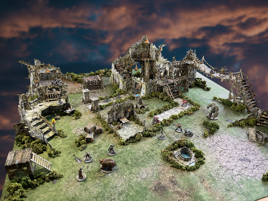 Battle Systems Crypts and Caverns Dungeon Upgrade Pack showcasing detailed ruined stone structures rickety wooden bridges scattered miniature figures and lush green mossy terrain
