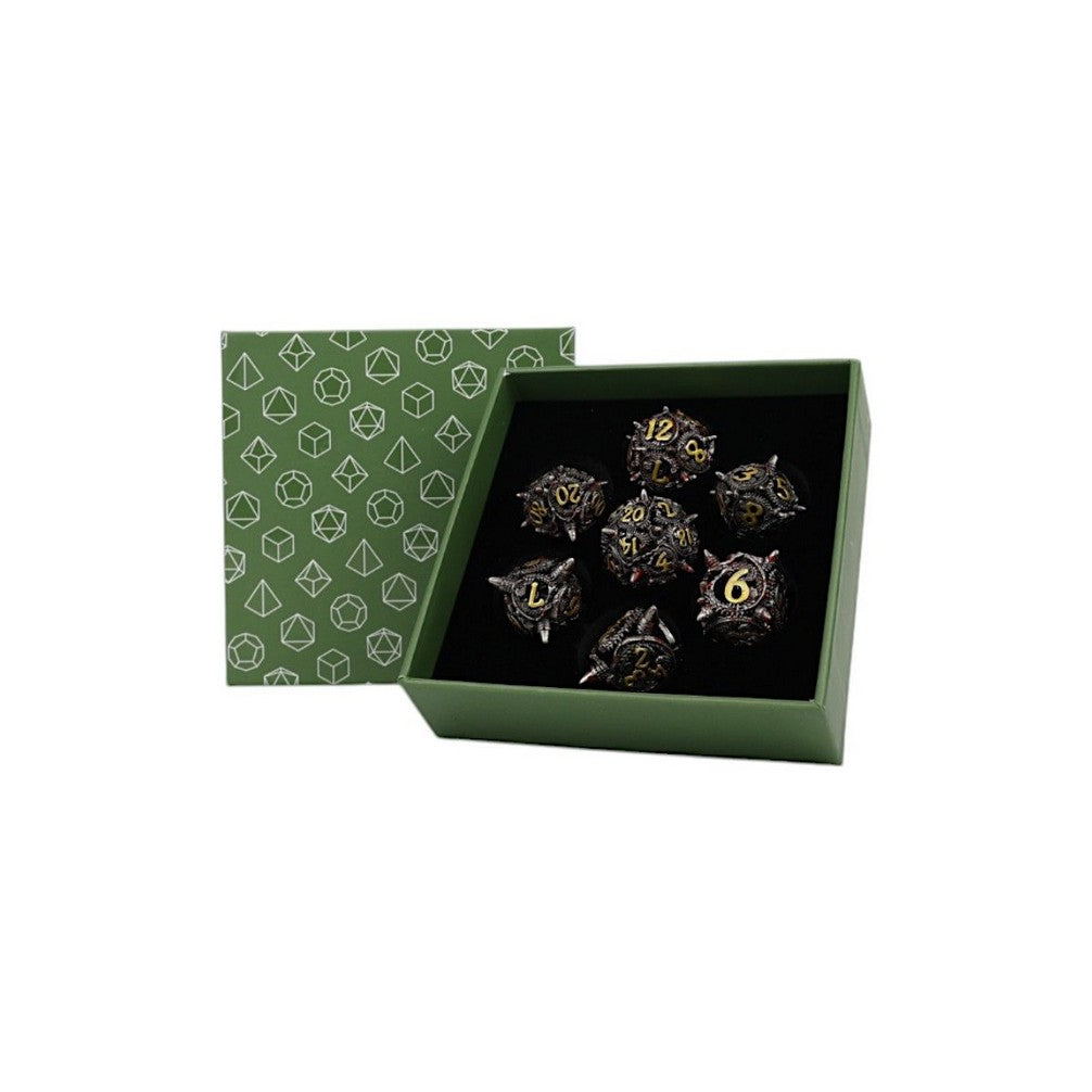 Let's Play Games Elliptic Hollow RPG Dice Set, Bloodied Metal displayed in an open box with a patterned lid