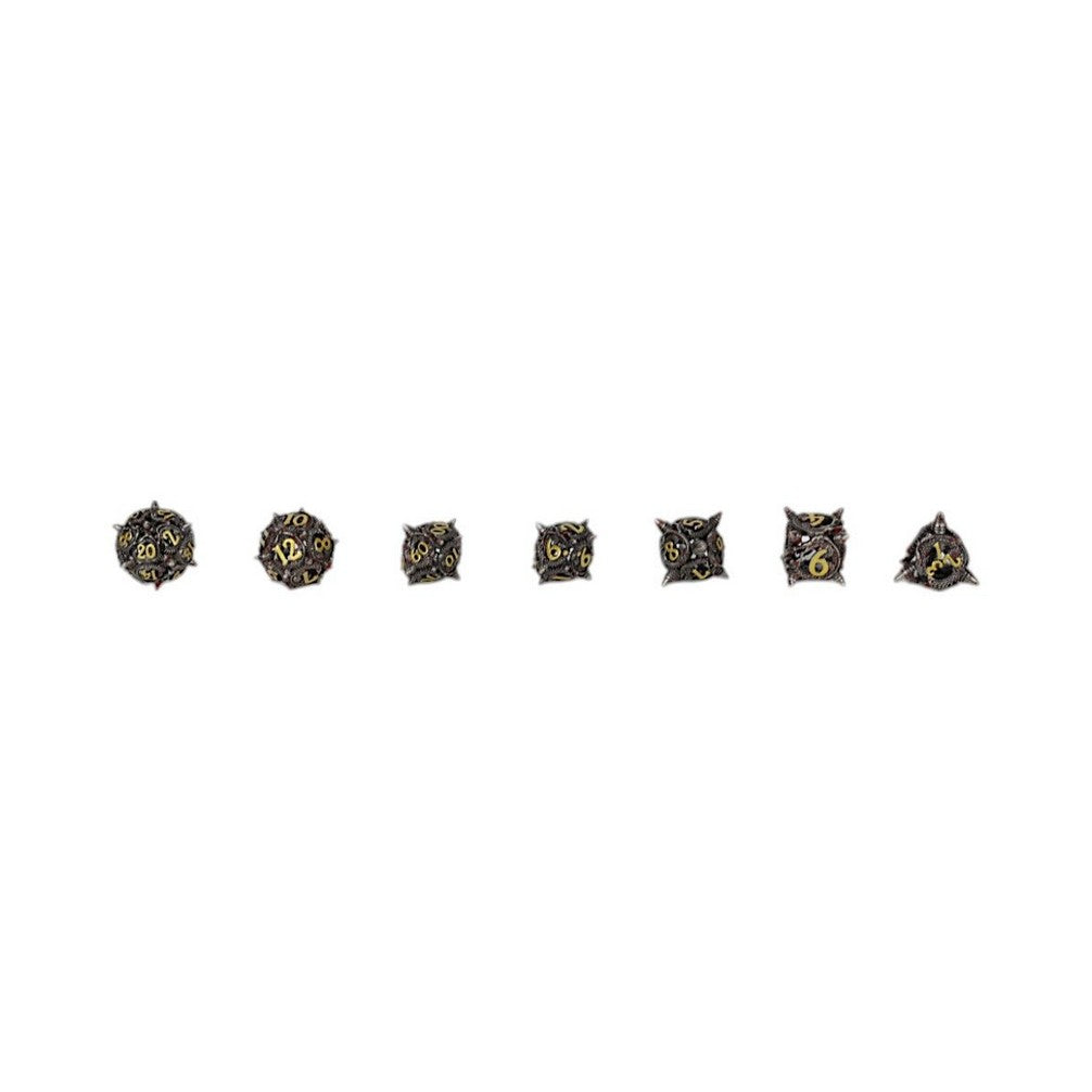 A set of seven ornate Let&#39;s Play Games Elliptic Hollow RPG Dice Bloodied Metal on a white background