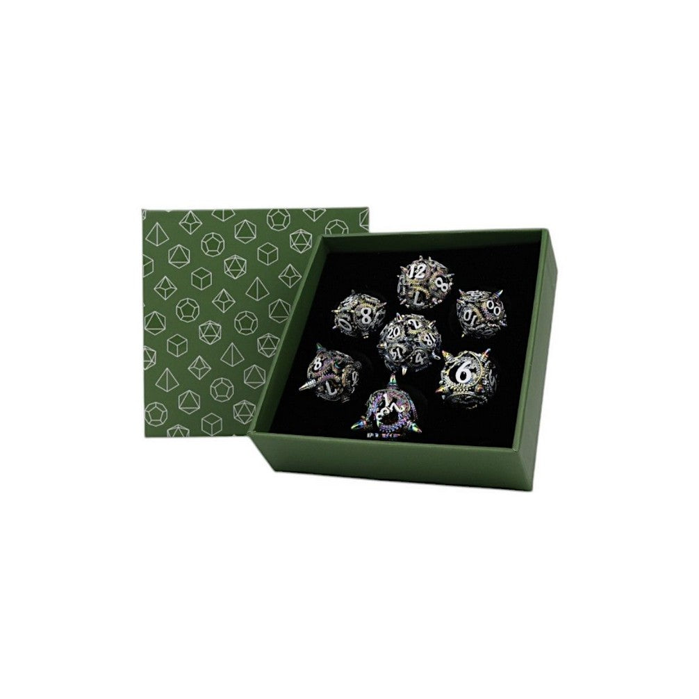 Let's Play Games Elliptic Hollow RPG Dice Set, Oilslick displayed in an open box with a patterned lid