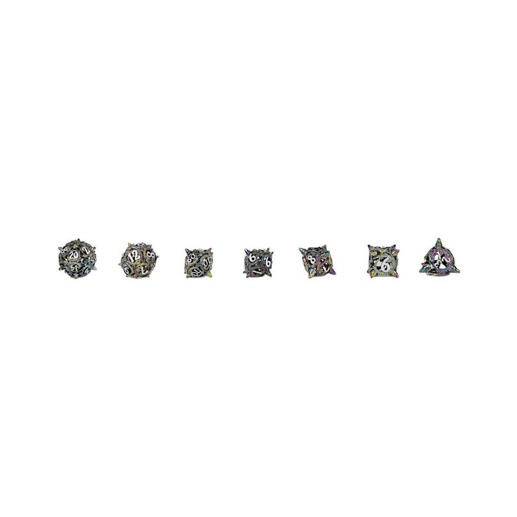 A set of seven ornate Let&#39;s Play Games Elliptic Hollow RPG Dice Oilslick on a white background