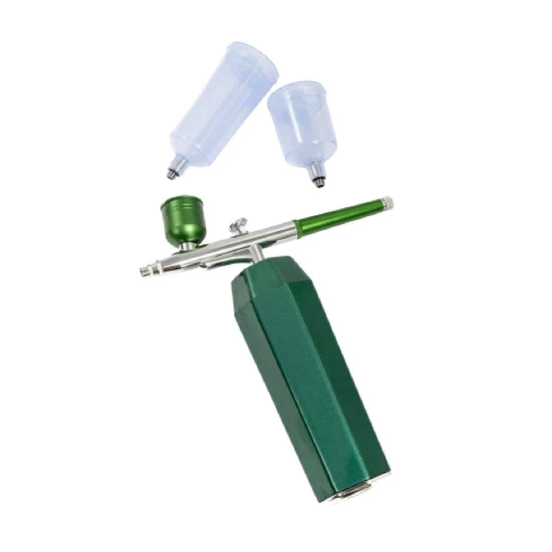 Green cordless airbrush gun kit with two clear plastic paint reservoirs