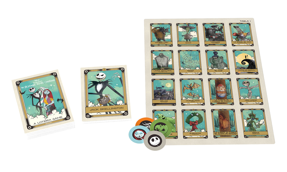 A &quot;The Nightmare Before Christmas&quot; Loteria game laid out, featuring game cards, a large grid board, and round tokens