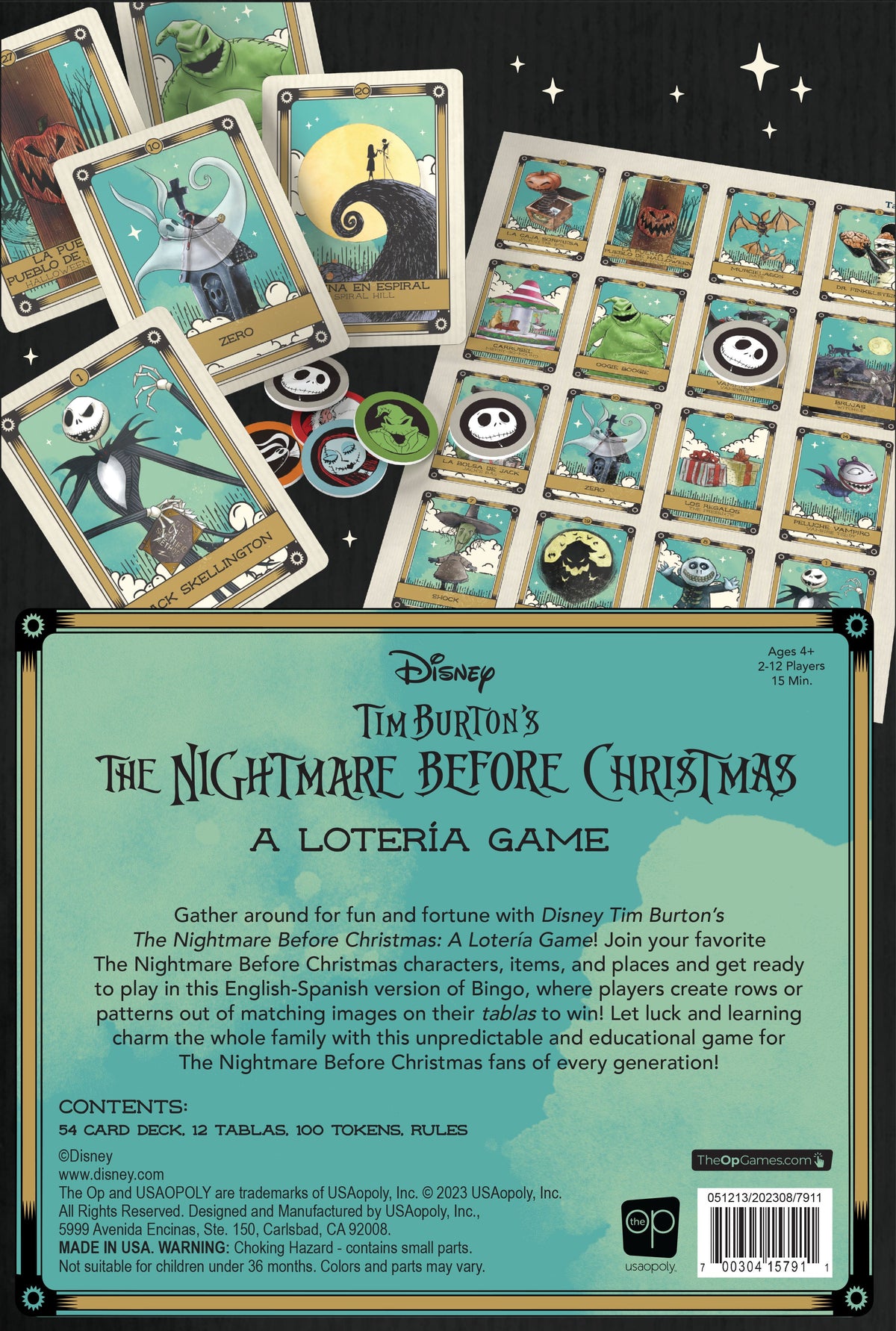 The Nightmare Before Christmas Loteria game box, featuring scattered character cards and colorful tokens