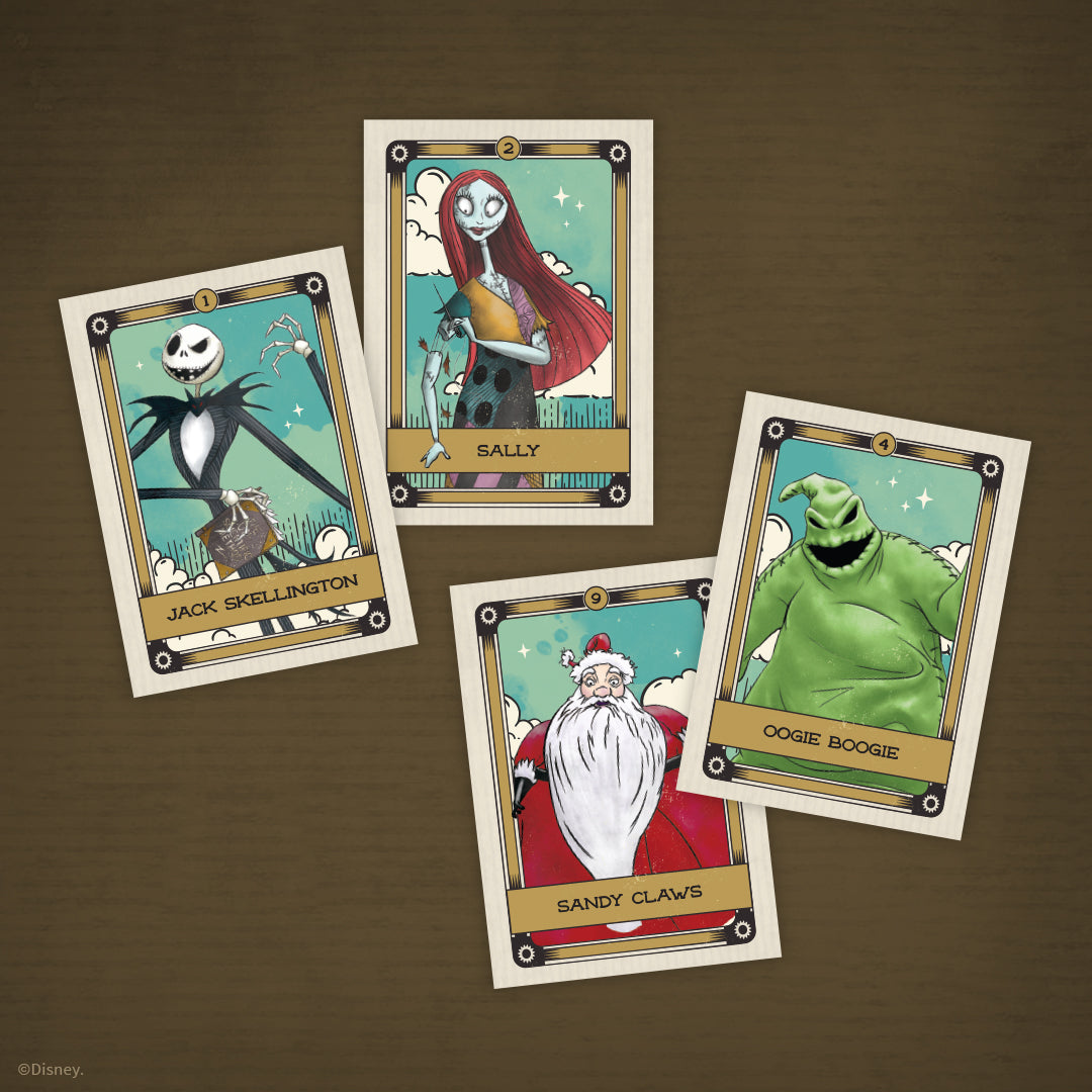 Four character cards: Jack Skellington, Sally, Oogie Boogie, and Sandy Claws from The Nightmare Before Christmas