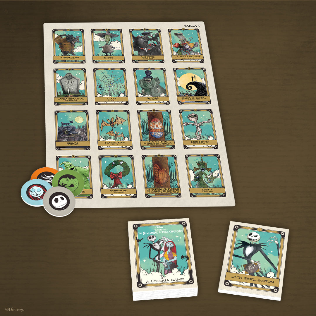 A &quot;Nightmare Before Christmas&quot; Loteria game set, with a board of illustrated cards, a deck of call cards, and themed tokens