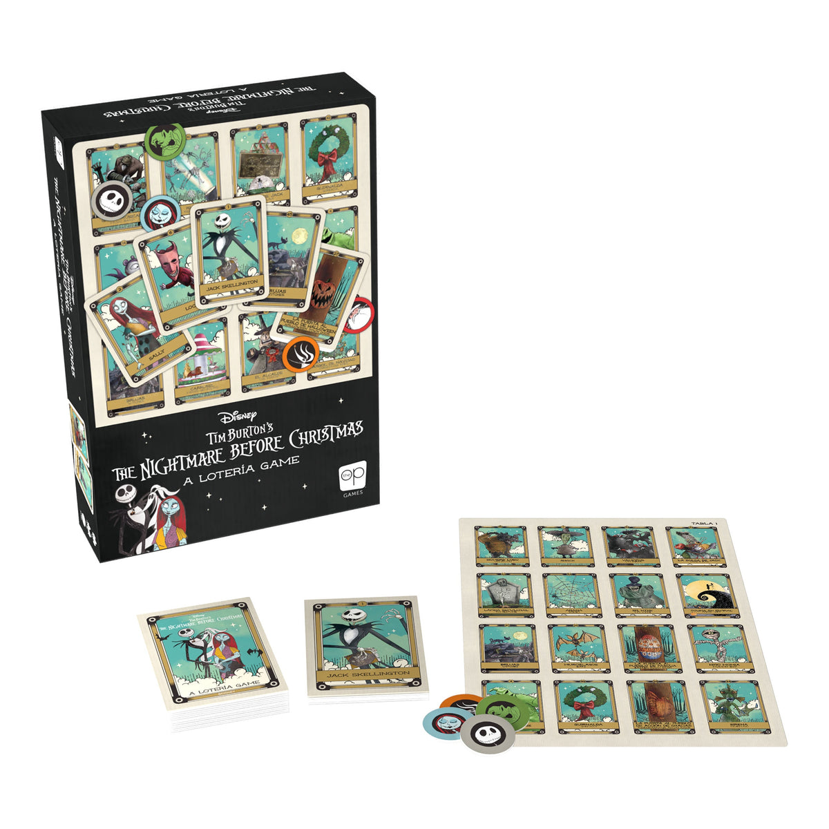 Black box of The Nightmare Before Christmas Lotería game, with character cards, game board, and tokens