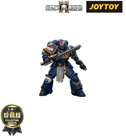 Blue Space Marine action figure (Warhammer 40k) brandishing a chainsword and pistol. Joytoy Collectors Edition
