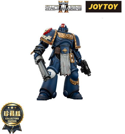 Joytoy Space Marine II figure in blue power armor holding a chainsword and pistol