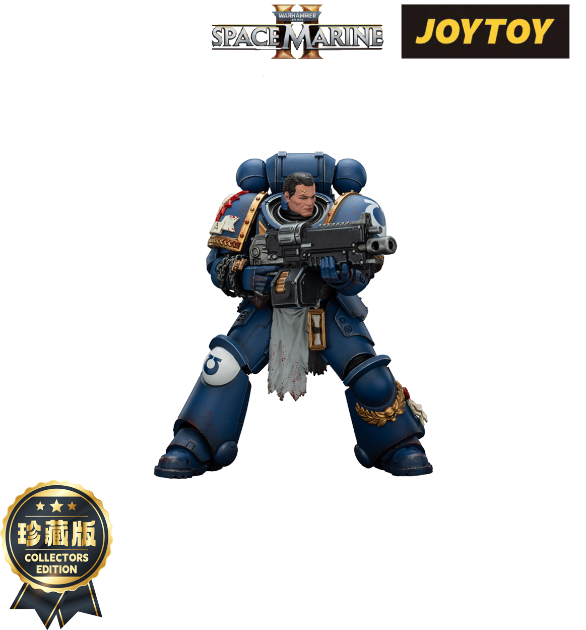 Warhammer 40K Space Marine Captain Titus figure in blue armor, aiming a bolter rifle