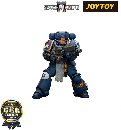Warhammer 40K Space Marine Captain Titus figure in blue armor, aiming a bolter rifle