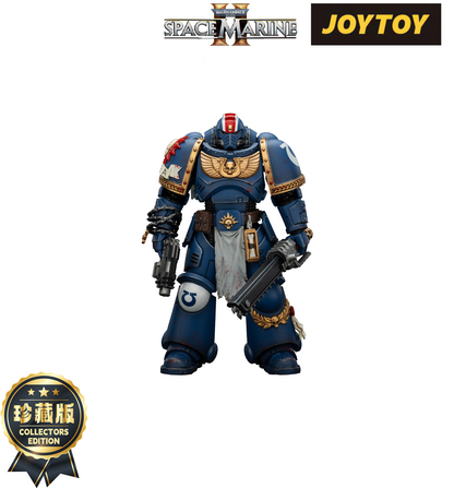 JOYTOY blue Space Marine II action figure, wearing power armor and armed with a pistol and chainsword