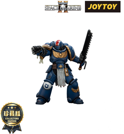 Warhammer Space Marine figure in blue armor holding a pistol and a chainsword