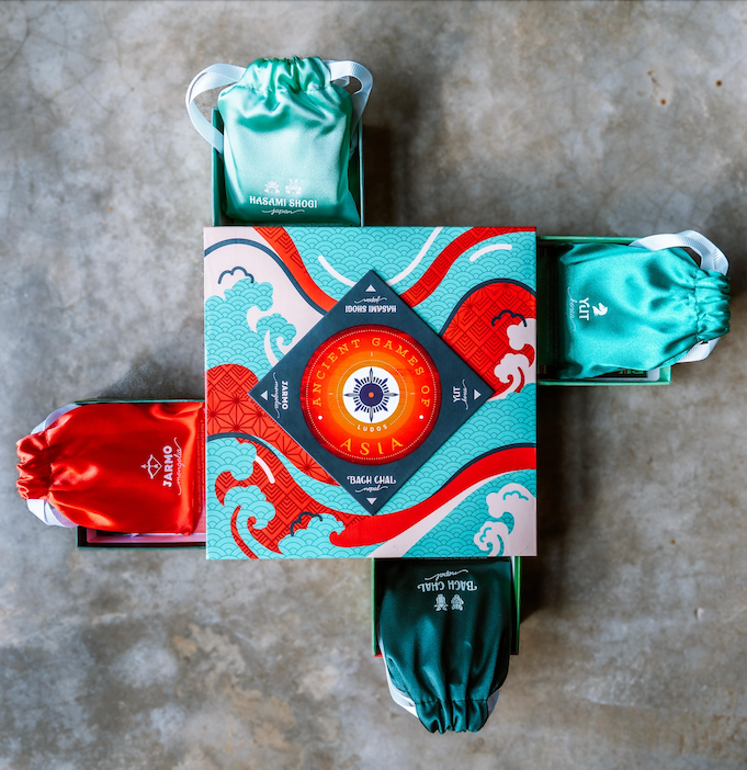 Open box view displaying components of the LUDOS Asia game set