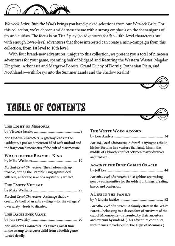 A page from the Kobold Press Into the Wilds Sourcebook displaying an introductory text, decorative banners, and a detailed table of contents for adventures