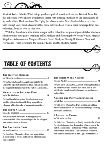 A page from the Kobold Press Into the Wilds Sourcebook displaying an introductory text, decorative banners, and a detailed table of contents for adventures