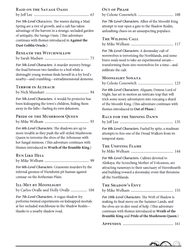A page from the Into the Wilds Sourcebook displays a list of adventure titles with brief descriptions and corresponding page numbers