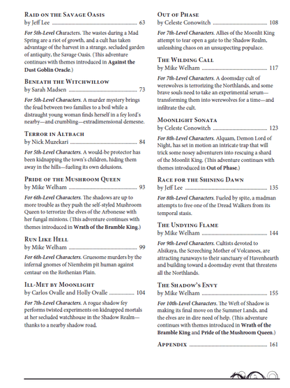 A page from the Into the Wilds Sourcebook displays a list of adventure titles with brief descriptions and corresponding page numbers