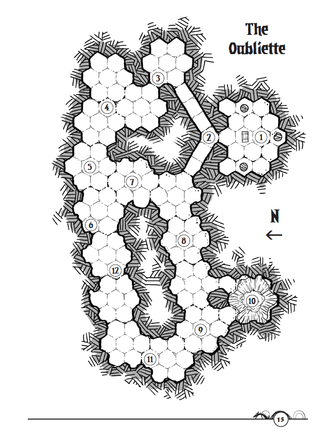 A black and white dungeon map titled The Oubliette, from the Kobold Press Into the Wilds Sourcebook, showing numbered hexagonal rooms and corridors with textured rock walls
