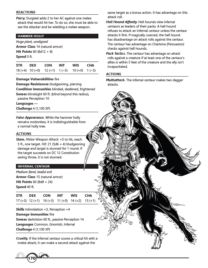 A page from the Kobold Press Into the Wilds Sourcebook shows monster text for Hammer Holly and Infernal Centaur alongside a drawing of the Centaur, a humanoid with a dog's fiery lower body