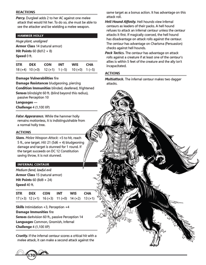 A page from the Kobold Press Into the Wilds Sourcebook shows monster text for Hammer Holly and Infernal Centaur alongside a drawing of the Centaur, a humanoid with a dog's fiery lower body