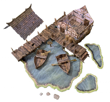 Tabletop wargaming terrain of a dilapidated pier with a ruined house, two rowboats in the water, and a separate roof.