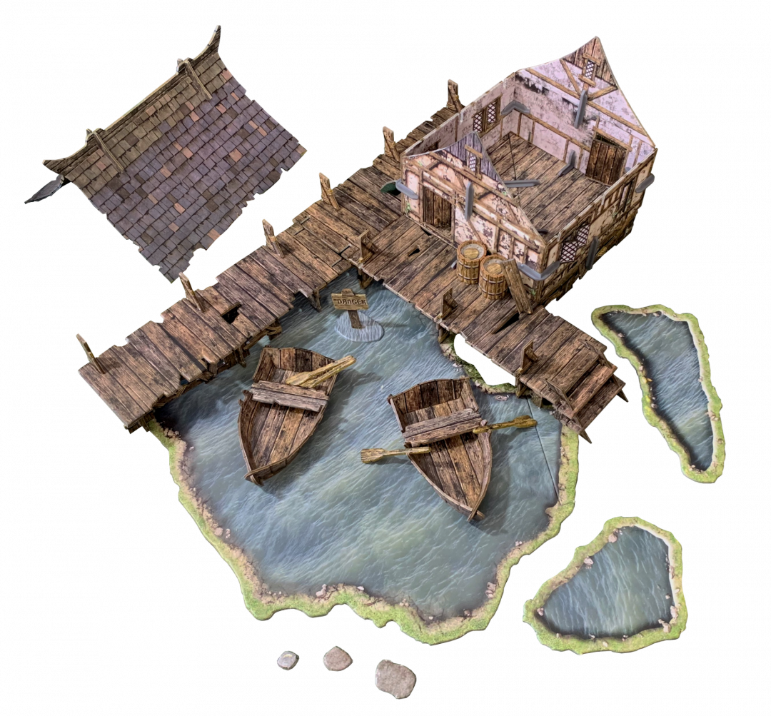 Tabletop wargaming terrain of a dilapidated pier with a ruined house, two rowboats in the water, and a separate roof.