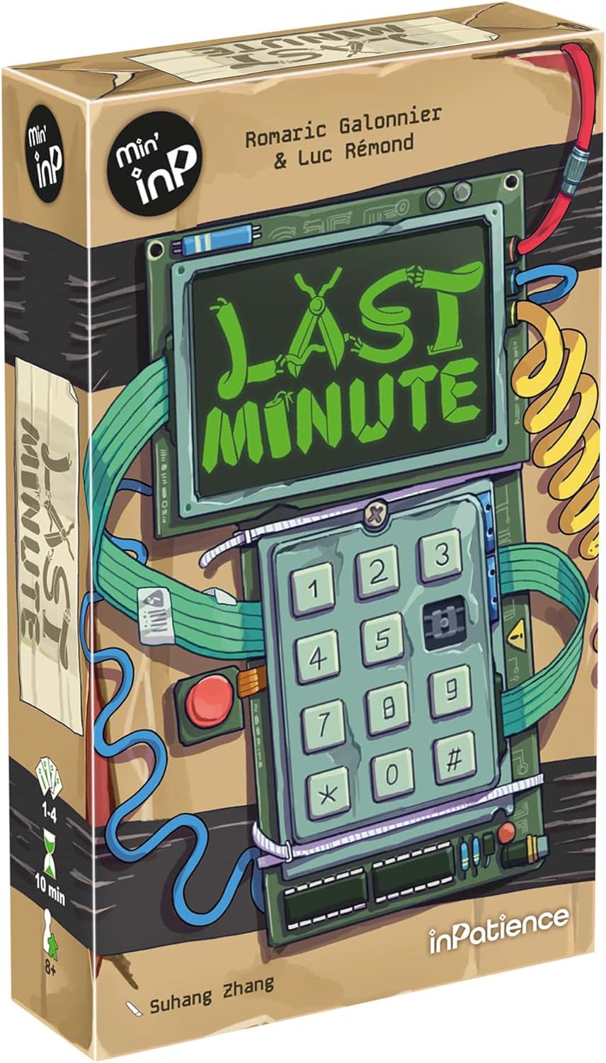 Last Minute board game box featuring a DIY defusal device with a green screen, numeric keypad, and colorful wires