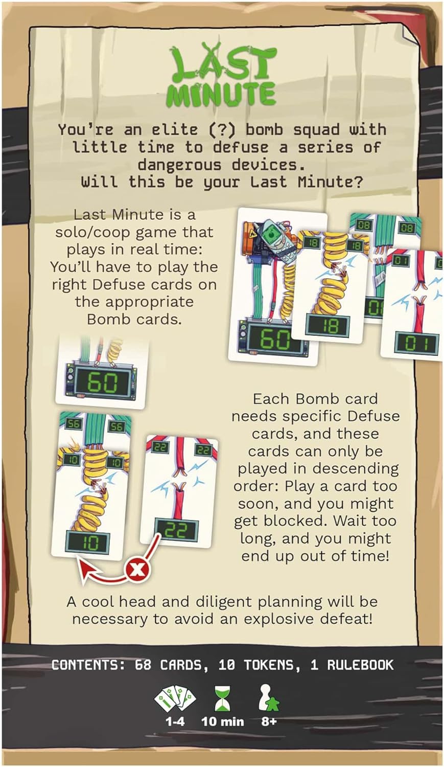 Back of the card game Last Minute box, showing bomb and defuse cards with wires, timers, and game instructions for real-time play