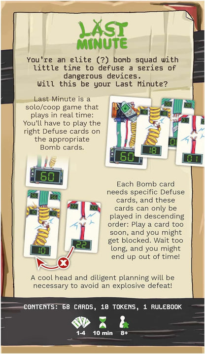 Back of the card game Last Minute box, showing bomb and defuse cards with wires, timers, and game instructions for real-time play