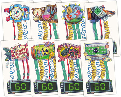 Fanned game cards show unique, whimsical bomb devices with wires leading to digital timers displaying '60'
