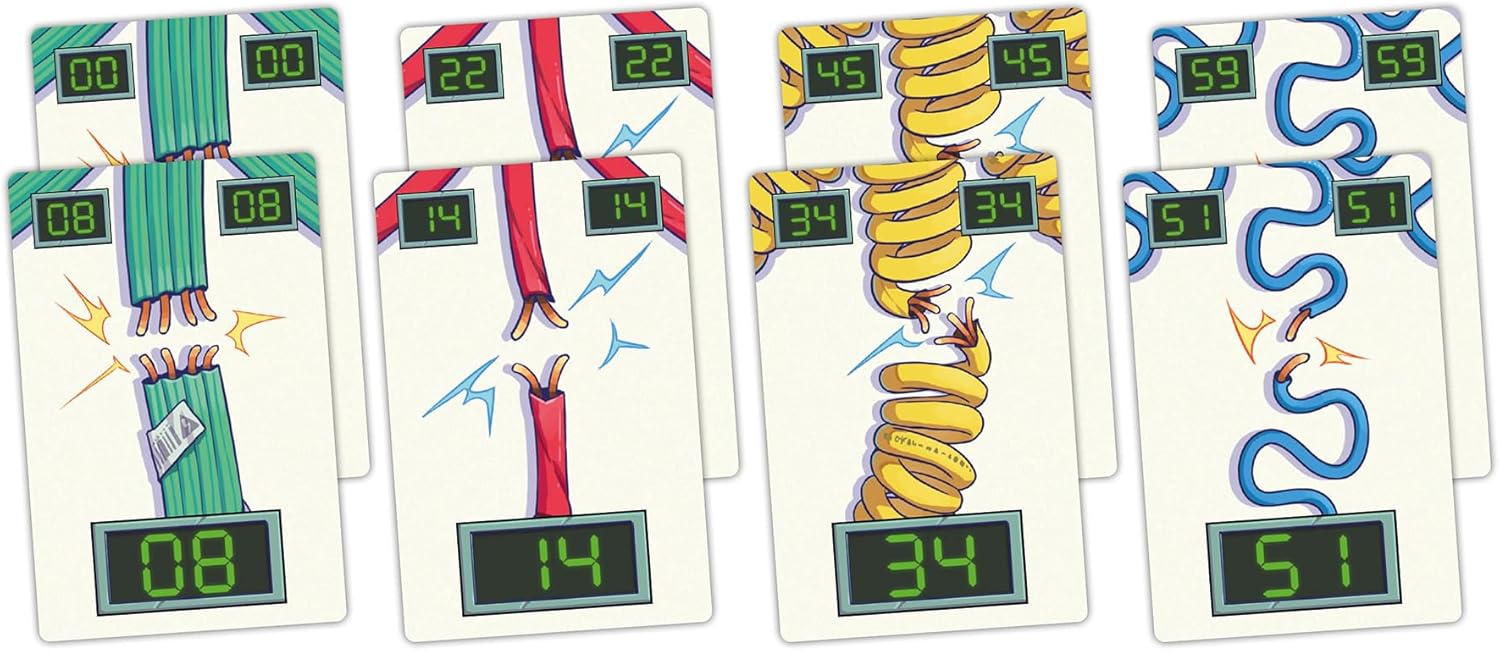 Stacks of colorful game cards, each depicting a broken or sparking electrical wire with digital numbers