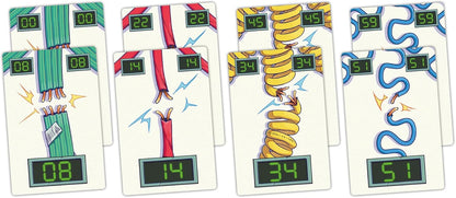 Stacks of colorful game cards, each depicting a broken or sparking electrical wire with digital numbers