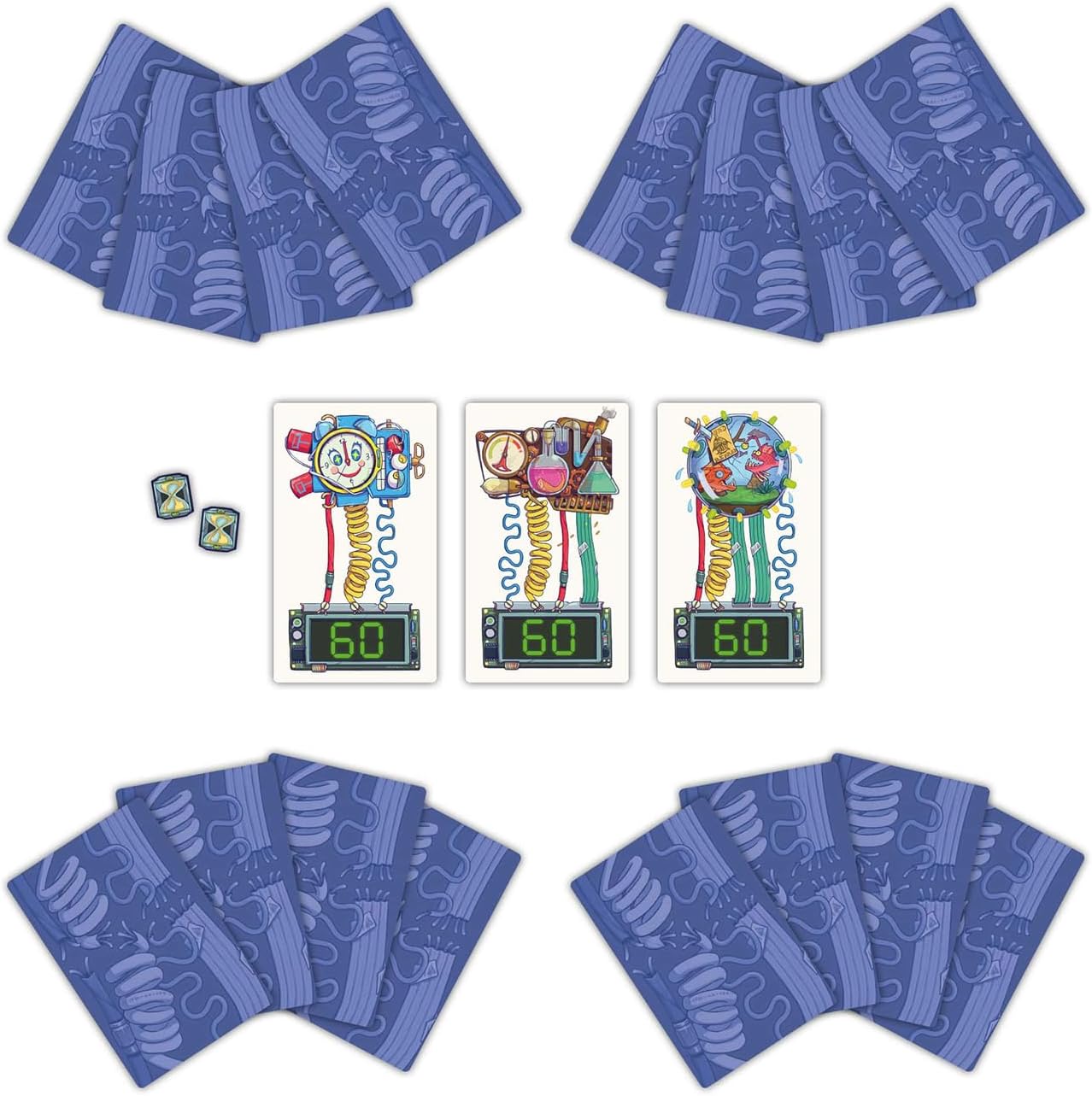 Overhead view of a game setup with four piles of blue cards, three colorful device cards displaying "60", and two hourglass tokens
