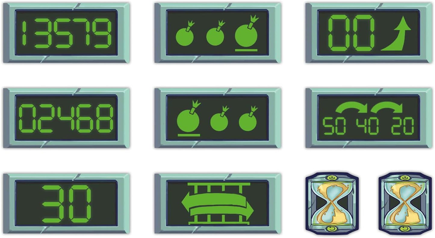 Nine digital display game UI elements: numbers, bomb icons, arrows, and hourglasses