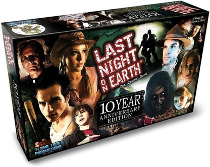 Last Night on Earth: 10 Year Anniversary Edition board game box, Cover art shows varied human survivors and a zombie