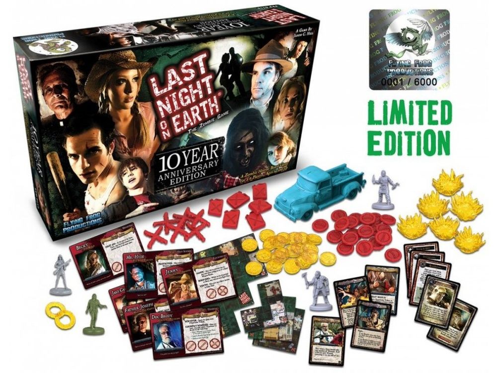 Last Night on Earth 10-Year Anniversary Edition board game with box, miniatures, cards, tokens, and 'Limited Edition' sticker