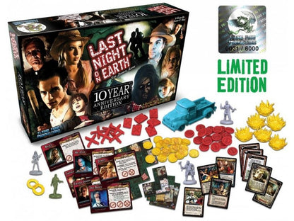 Last Night on Earth 10-Year Anniversary Edition board game with box, miniatures, cards, tokens, and 'Limited Edition' sticker