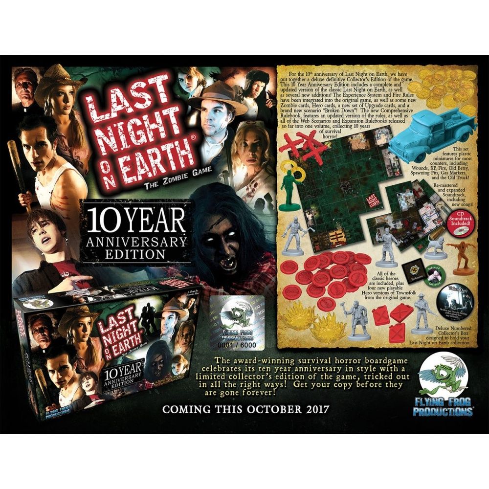 Last Night on Earth: The Zombie Game 10 Year Anniversary Edition board game, Shows box art, game board, miniatures & tokens