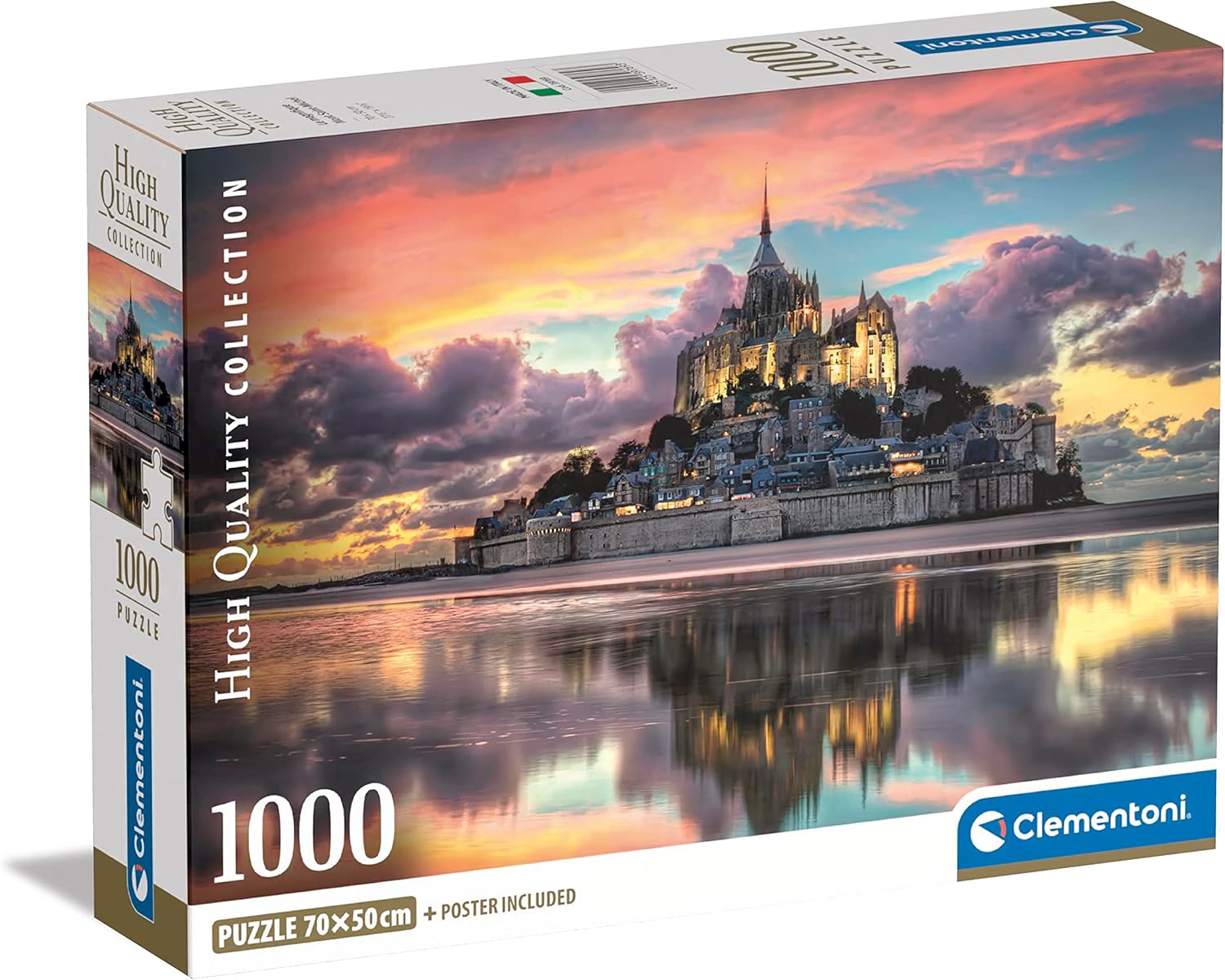 Clementoni High Quality Collection 1000-piece puzzle box shows Mont Saint-Michel illuminated at sunset, reflected in water