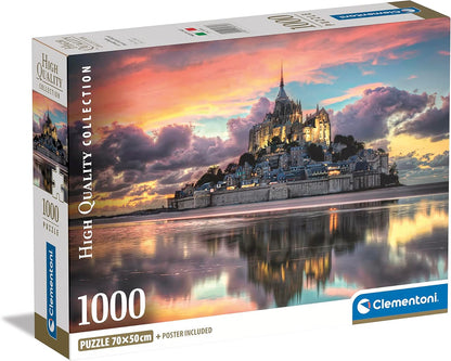 Clementoni High Quality Collection 1000-piece puzzle box shows Mont Saint-Michel illuminated at sunset, reflected in water