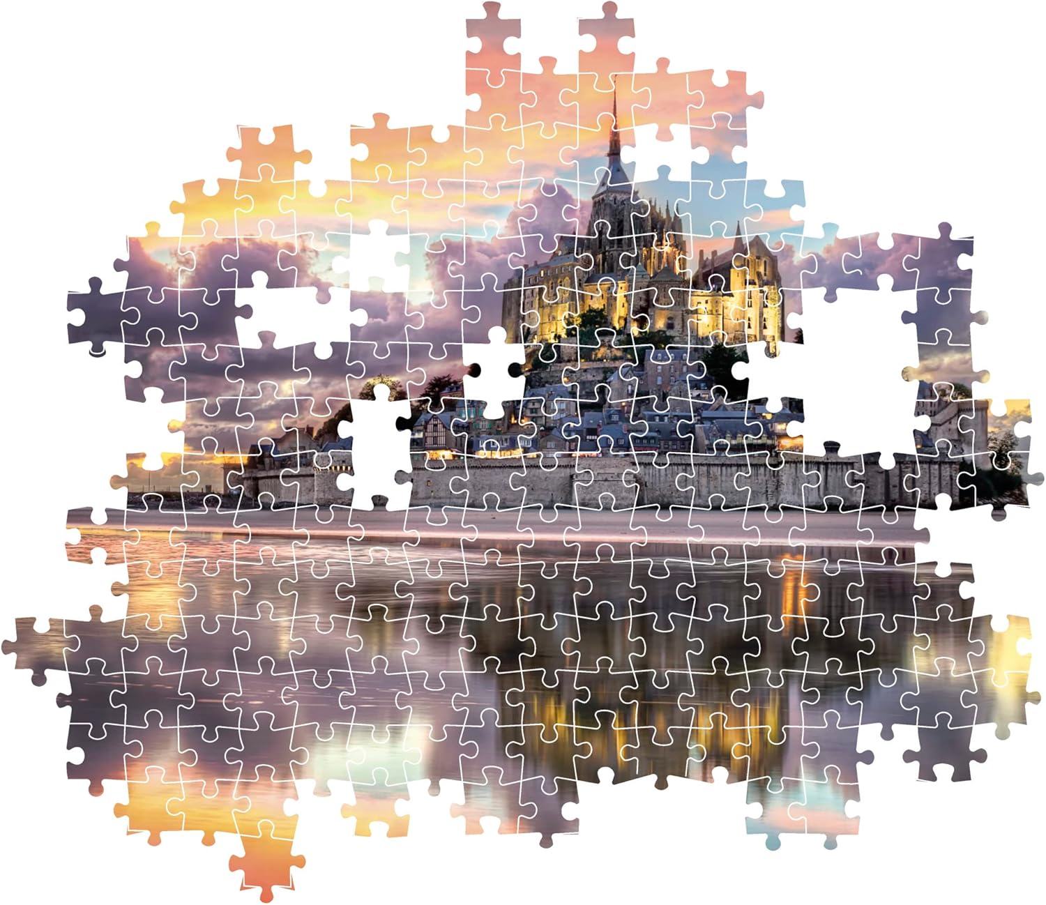 Partially assembled jigsaw puzzle showing Mont Saint-Michel illuminated at dusk, reflected in water
