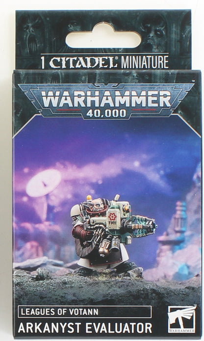 Warhammer 40,000 Leagues of Votann Arkanyist Evaluator miniature box, showing an armed sci-fi dwarf