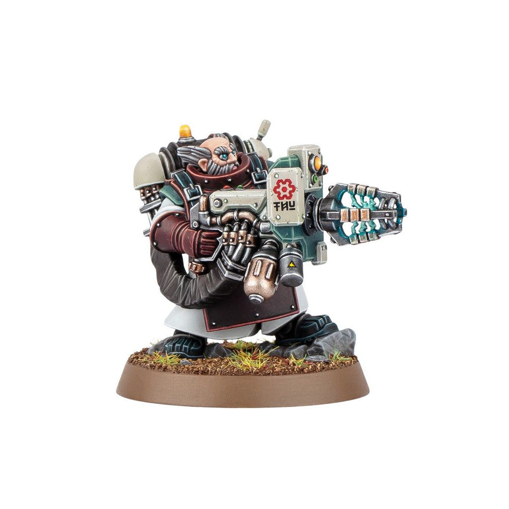 A painted miniature of a stout, bearded sci-fi warrior in power armor aiming a large rifle with glowing blue-green energy