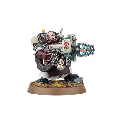 A painted miniature of a stout, bearded sci-fi warrior in power armor aiming a large rifle with glowing blue-green energy